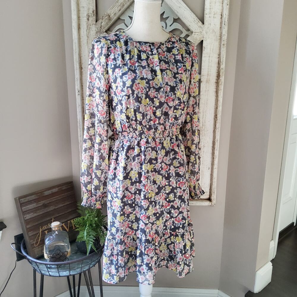 Loft romantic floral smocked long sleeve flounce dress size small